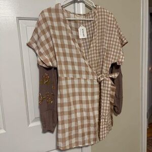 Brown and White Gingham Wrap Romper